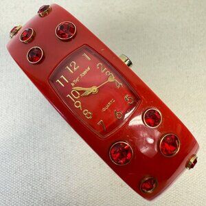 Betsey Johnson Bangle Watch Red Icy Crystal‎ Hinged Bracelet Y2K BJ7030